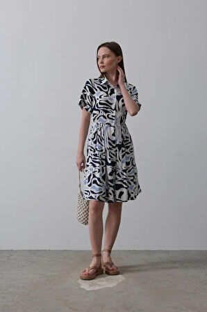 Aesco Baskılı Keten Elbise - Lacivert