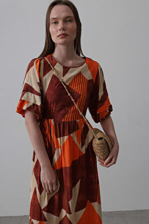 Aesco Desenli Balon Kol Kloş Elbise - Kahve