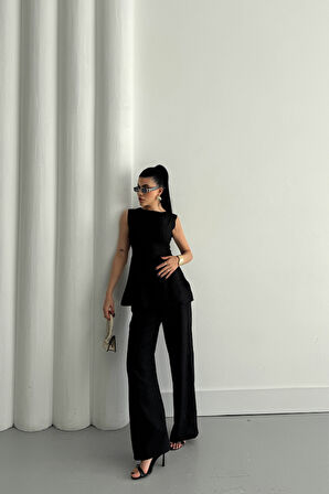 Aesco JAKAR KETEN KOLSUZ BLUZ-PANTOLON TK - Siyah