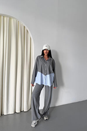 Aesco POLYVİSKON - POPLİN PARÇALI GÖMLEK PANTOLON TAKIM - Gri