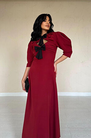 Aesco Bordo Ön Dekolteli Fiyonk Garnili Uzun Elbise