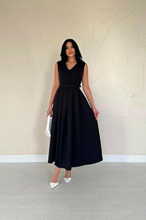 Aesco Siyah Önü Britli Pileli Elbise