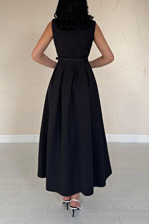 Aesco Siyah Önü Britli Pileli Elbise