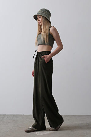 Aesco Beli Lastikli Bol Paça Pantolon - Haki