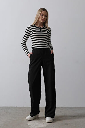 Aesco Beli Yarım Lastikli Palazzo Pantolon - Siyah