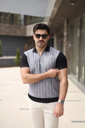 Aesco Erkek Polo Yaka Fermuar Detaylı Çizgili Tişört