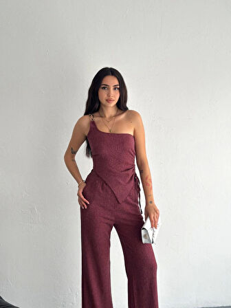 Aesco Asimetrik Crop Pantalon Ikili Takım - Gül Kurusu