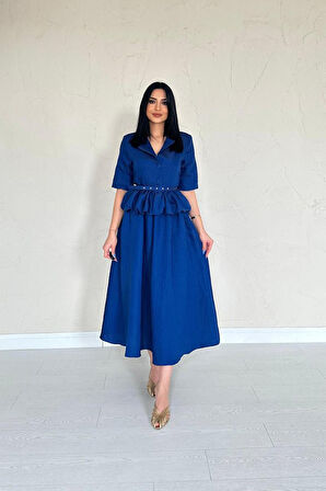 Aesco Lacivert İnce Kemerli Fırfırlı Ceket Ve Büzgülü Etek Takım