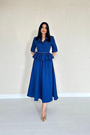 Aesco Lacivert İnce Kemerli Fırfırlı Ceket Ve Büzgülü Etek Takım