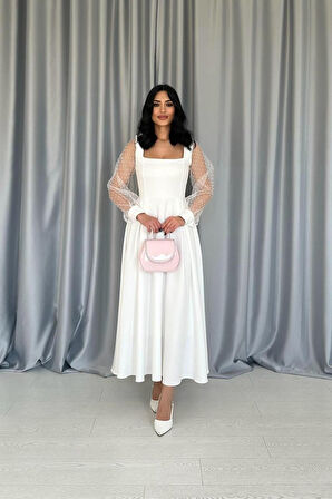 Aesco Beyaz Kolları Organze Kuplu Elbise