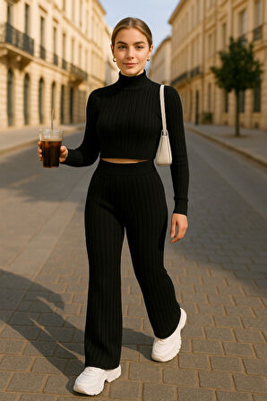 Aesco Kadın Uzun Kollu Balıkçı Yaka Krop Ve Pantolon şardonlu Kaşkorse Ikili Takım