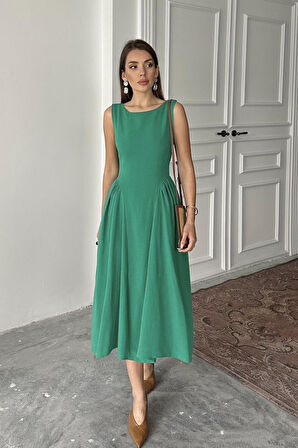 Aesco Yeşil Yanları Büzgülü Midi Boy Keten Elbise