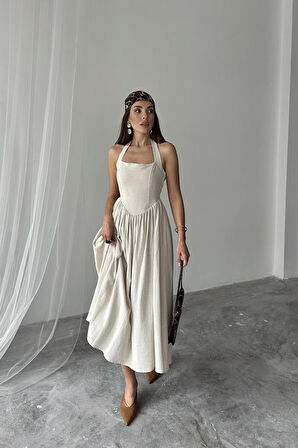 Aesco Bej Boyundan Bağlamalı Keten Elbise