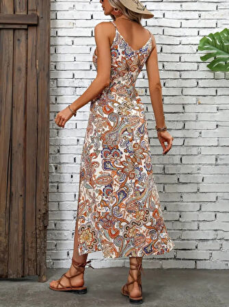 Aesco Kadın Ip Askılı V Yakalı Baskılı Yırtmaçlı Süprem Uzun Elbise