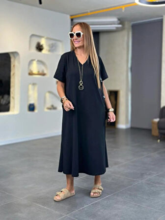 Aesco Kadın Kısa Kollu V Yakalı Cep Detaylı Uzun Viskon Iki Iplik Elbise