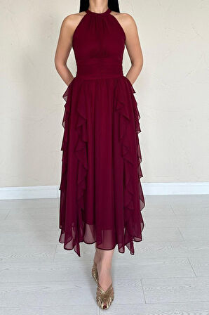 Aesco Bordo Önü Büzgülü Fırfırlı Elbise