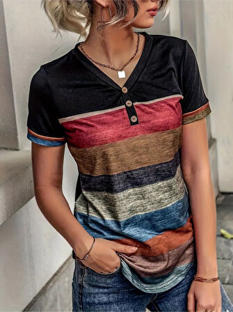 Aesco Kadın Kısa Kollu V Yakalı Düğmeli çok Renkli Süprem Bluz