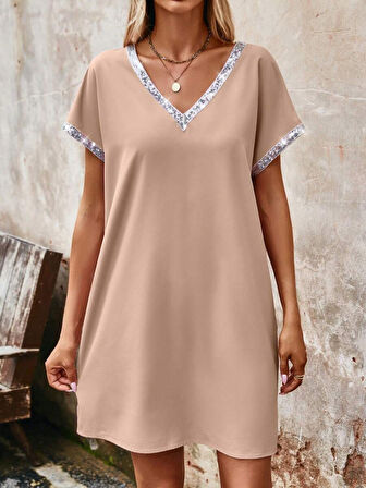 Aesco Kadın Yaka Ve Kol Pul Payet şeritli Ithal Krep Elbise