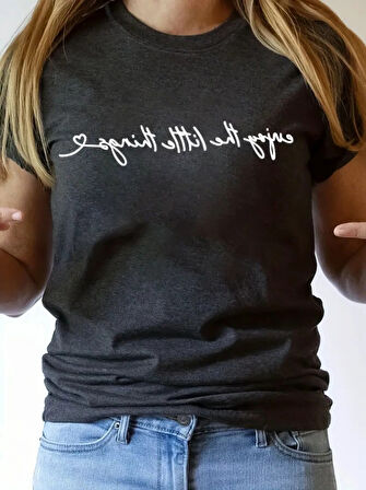 Aesco Kadın Kısa Kollu önü Yazı Baskılı Basic Süprem Bluz