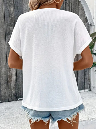 Aesco Kadın Kısa Kollu Yakası Açık önden Düğmeli Waffle Bluz