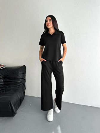 Aesco Osy Modal Yumuşak Dokulu Kumaş Kısa Kollu Yakalı T-shirt Pantalon Ikili Takım- Siyah