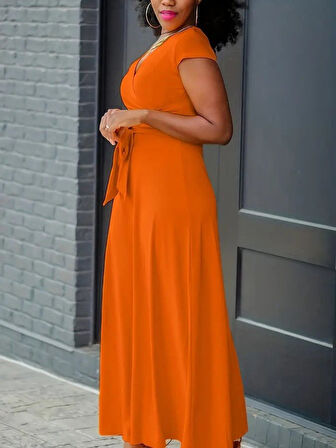 Aesco Kadın Kısa Kollu V Yakalı Belden Kuşaklı Maksi Boy Viskon Elbise