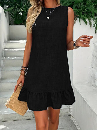 Aesco Kadın Kolsuz Bisiklet Yaka Fırfırlı Sofya Elbise