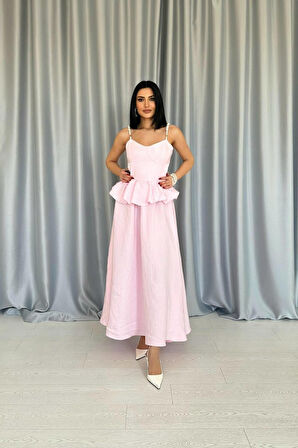 Aesco Pembe Beli Büzgülü İnci Askılı Uzun Elbise