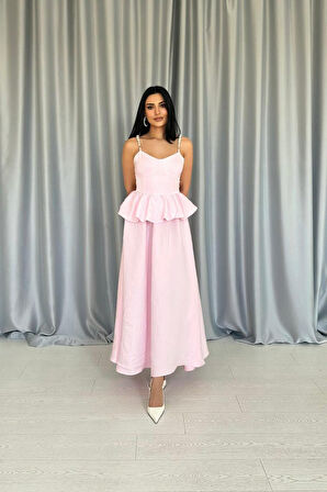 Aesco Pembe Beli Büzgülü İnci Askılı Uzun Elbise