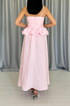 Aesco Pembe Beli Büzgülü İnci Askılı Uzun Elbise