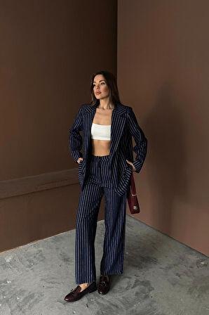 Aesco Lacivert Çizgili Ceket Ve Pantolon Takım