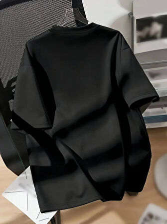 Aesco Baskılı Oversize Bisiklet Yaka T-shirt - Siyah