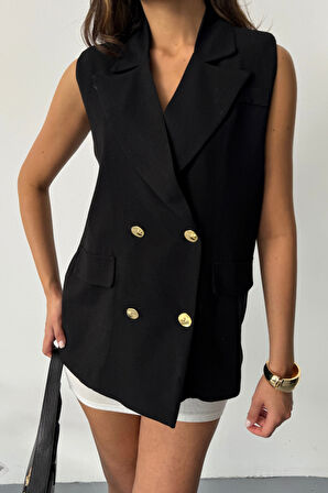 Aesco GOLD DÜĞMELİ KETEN YELEK - Siyah