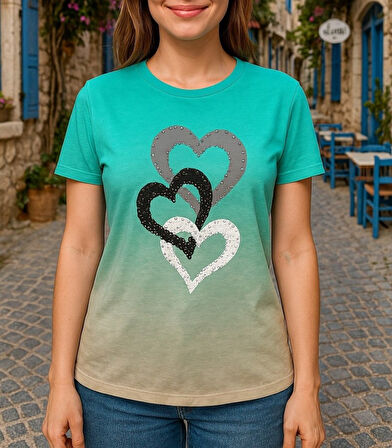 Aesco Kadın Kısa Kollu Bisiklet Yaka Kalp Baskılı Süprem Bluz