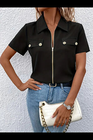 Aesco Kadın Kısa Kollu Ceket Yaka önü Fermuarlı Cep Detay Kısa Kol Ithal Krep Bluz