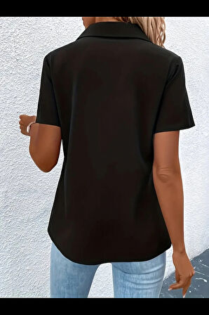 Aesco Kadın Kısa Kollu Ceket Yaka önü Fermuarlı Cep Detay Kısa Kol Ithal Krep Bluz