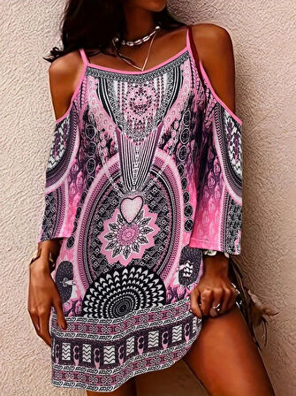 Aesco Kadın Askılı Omuzlardan Açık Truvakar Kol Desenli Kısa Süprem Elbise