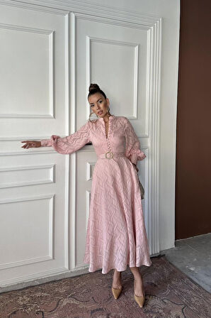 Aesco Pudra Kemer Detaylı Uzun Elbise