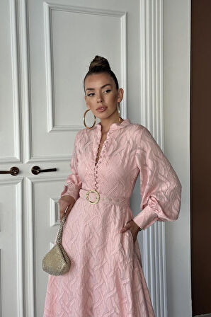 Aesco Pudra Kemer Detaylı Uzun Elbise