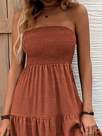 Aesco Kadın Straplez Göğüsten Lastikli Kloş Aerobin Uzun Elbise