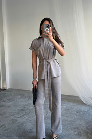 Aesco ÇİZGİLİ POLYVİSKON BLUZ - PANTOLON TAKIM - Gri