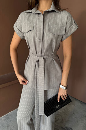 Aesco ÇİZGİLİ POLYVİSKON BLUZ - PANTOLON TAKIM - Gri