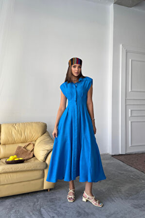 Aesco JAKARLI KETEN ELBİSE ÖNDEN YIRTMAÇLI CEPLİ - Saks