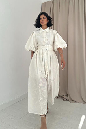 Aesco Ekru Pileli Balkon Elbise