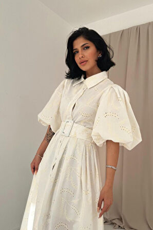 Aesco Ekru Pileli Balkon Elbise