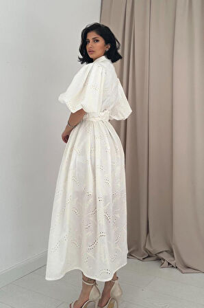 Aesco Ekru Pileli Balkon Elbise