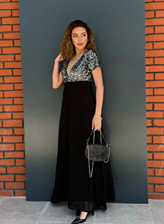 Aesco Kadın Kısa Kollu Derin V Yakalı A Kesim Pulpayet Detaylı şifon Nedime Elbisesi