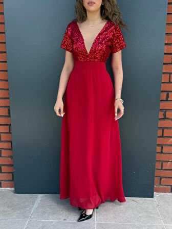 Aesco Kadın Kısa Kollu Derin V Yakalı A Kesim Pulpayet Detaylı şifon Nedime Elbisesi