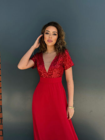 Aesco Kadın Kısa Kollu Derin V Yakalı A Kesim Pulpayet Detaylı şifon Nedime Elbisesi