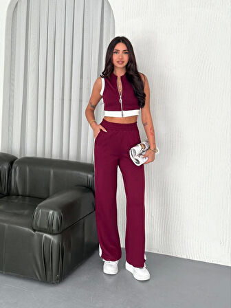 Aesco Osy Modal Yumuşak Dokulu Kumaş Tam Fermuarlı Crop Pantalon İkili Takım - Bordo